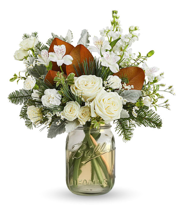 Frosted Rose bouquet in mason jar