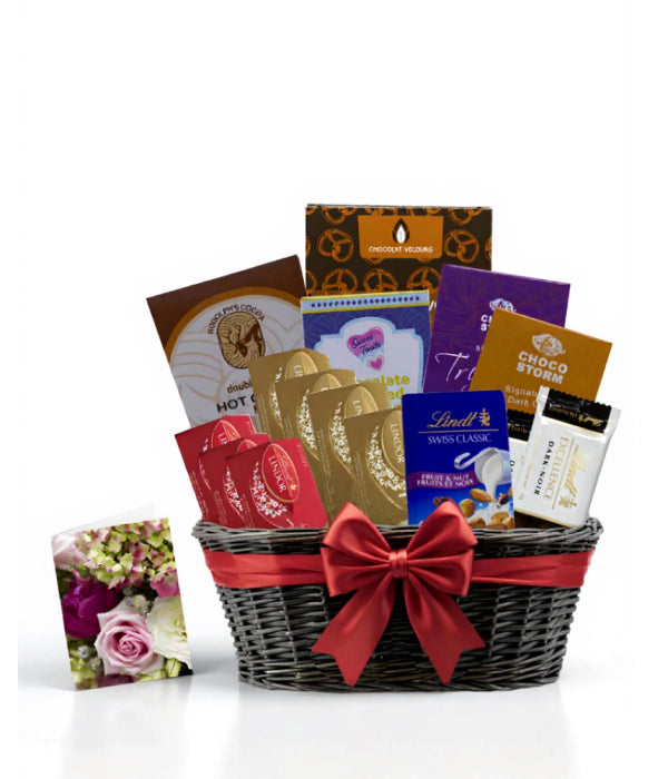 Lindt Gift Basket Collection IV with assorted chocolates and card.