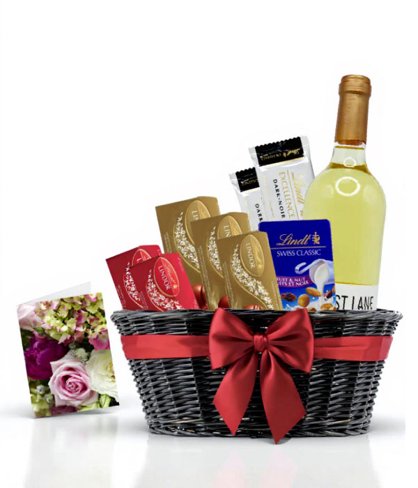 Lindt chocolate and wine gift basket