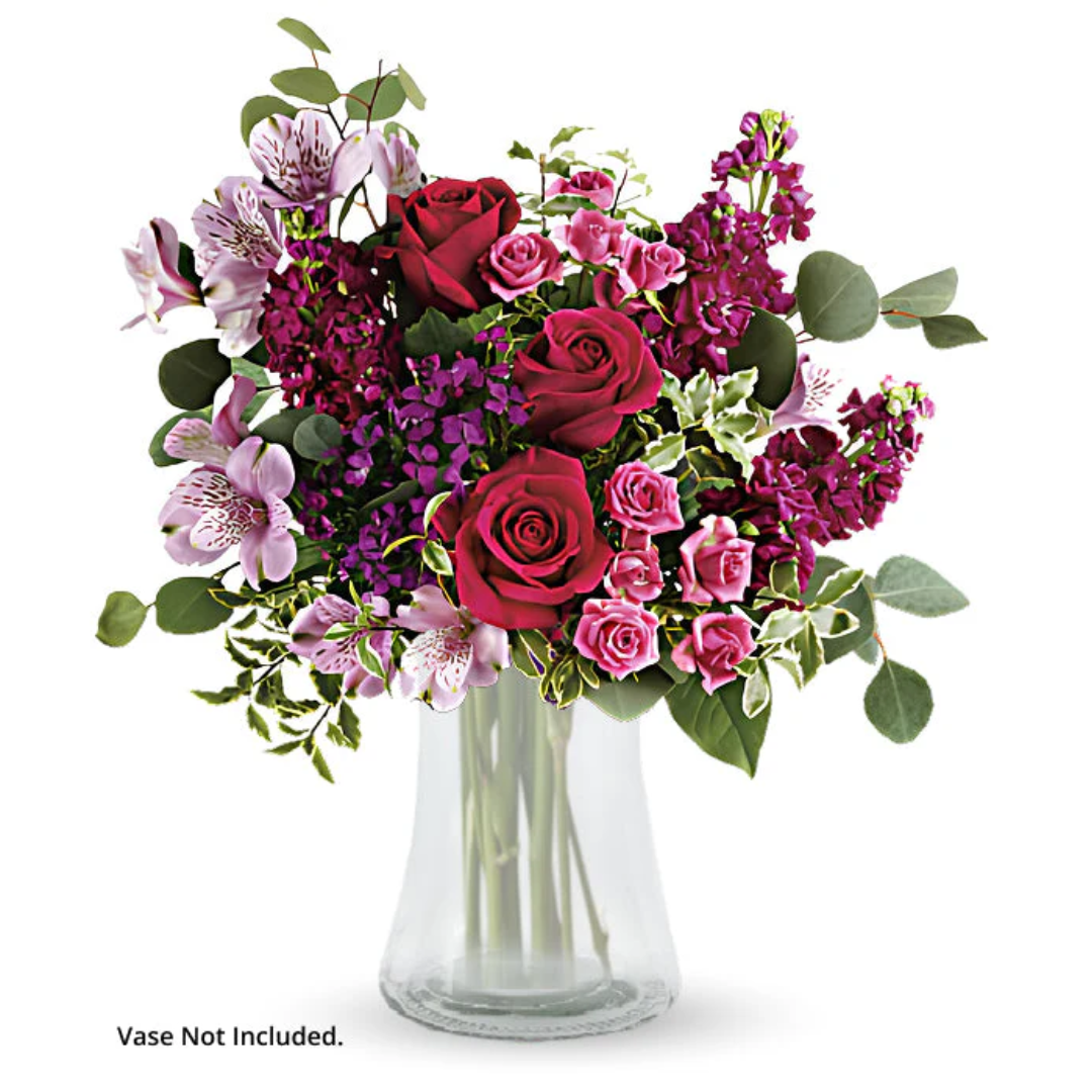 Pink Posy bouquet with red roses and purple flowers