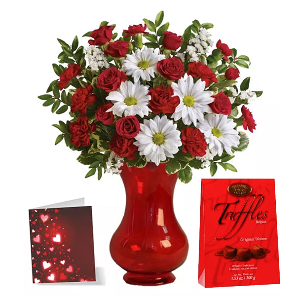 Red roses, daisies, truffles & card.