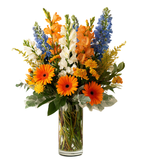 Vibrant floral arrangement in glass vase, fond remembrance