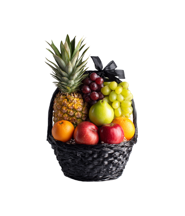 Fruit basket with pineapple, grapes, and other fruits.