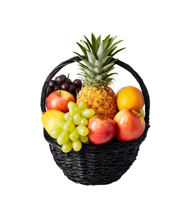 Fruit basket with pineapple, grapes, apples, and oranges