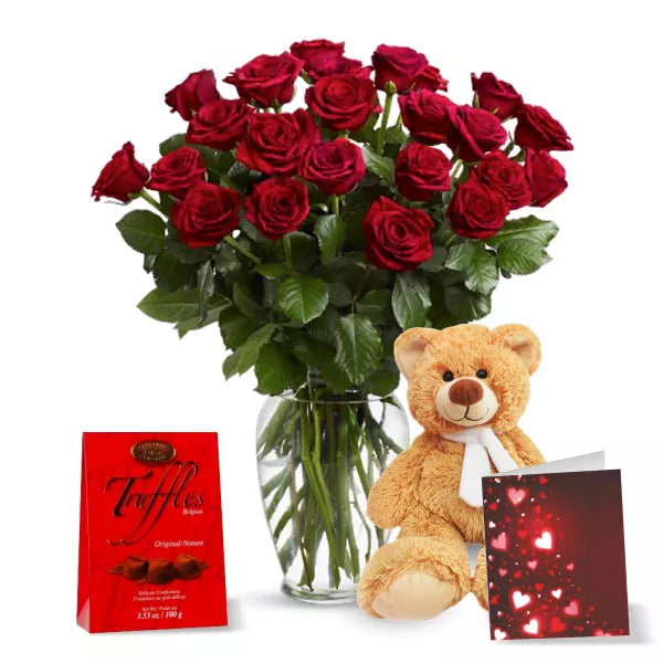red roses, truffles and plush bear