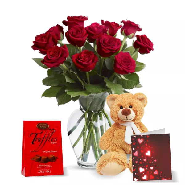 red roses, truffles and plush bear